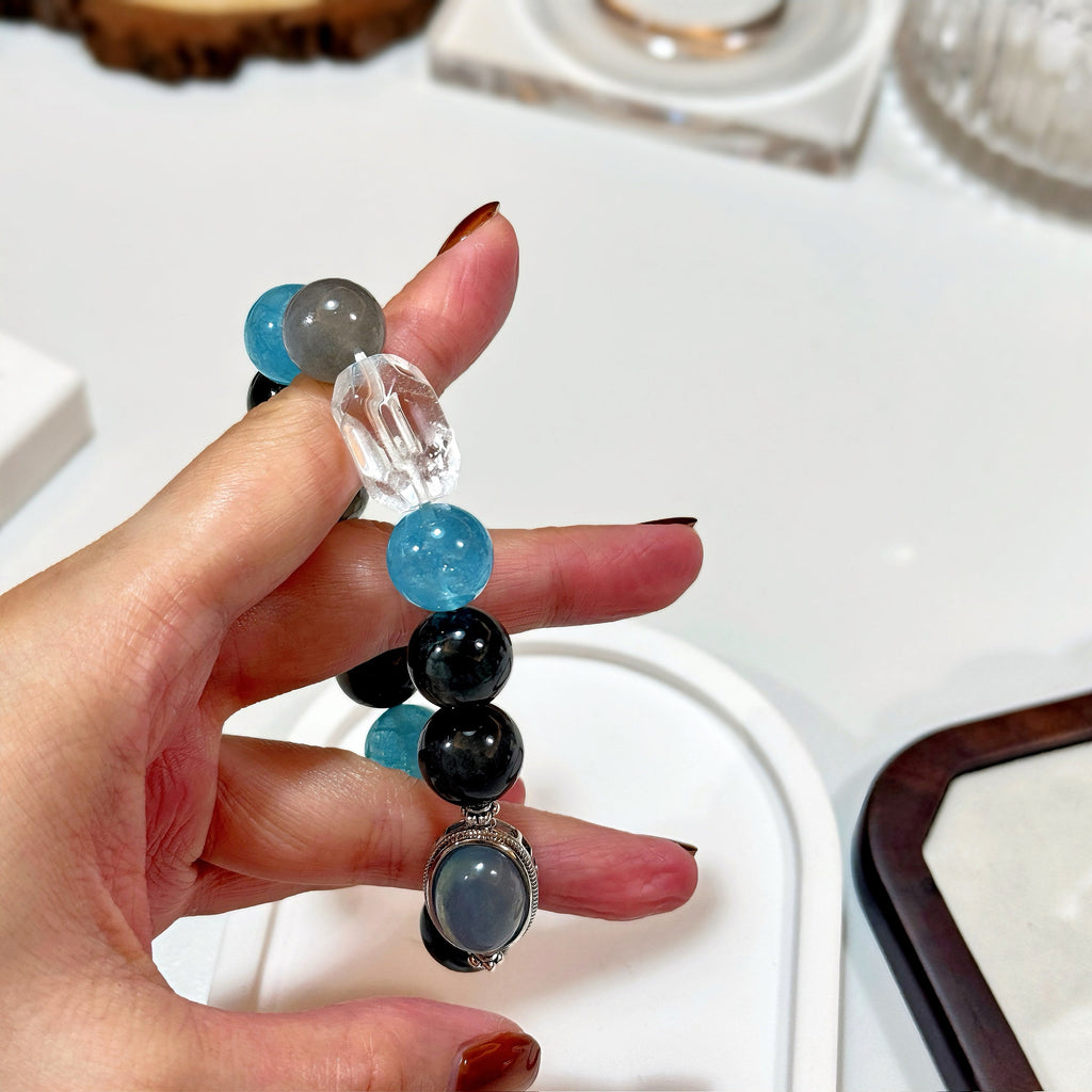 Moon Tide Aquamarine Bracelet | Hawk Eye, Clear Quartz & Grey Moonstone (12mm)