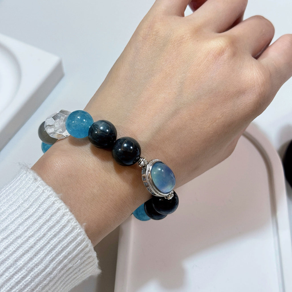 Moon Tide Aquamarine Bracelet | Hawk Eye, Clear Quartz & Grey Moonstone (12mm)