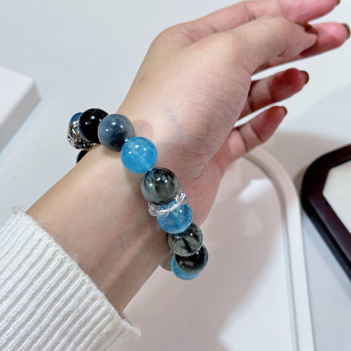 Moon Tide Aquamarine Bracelet | Hawk Eye, Clear Quartz & Grey Moonstone (12mm)