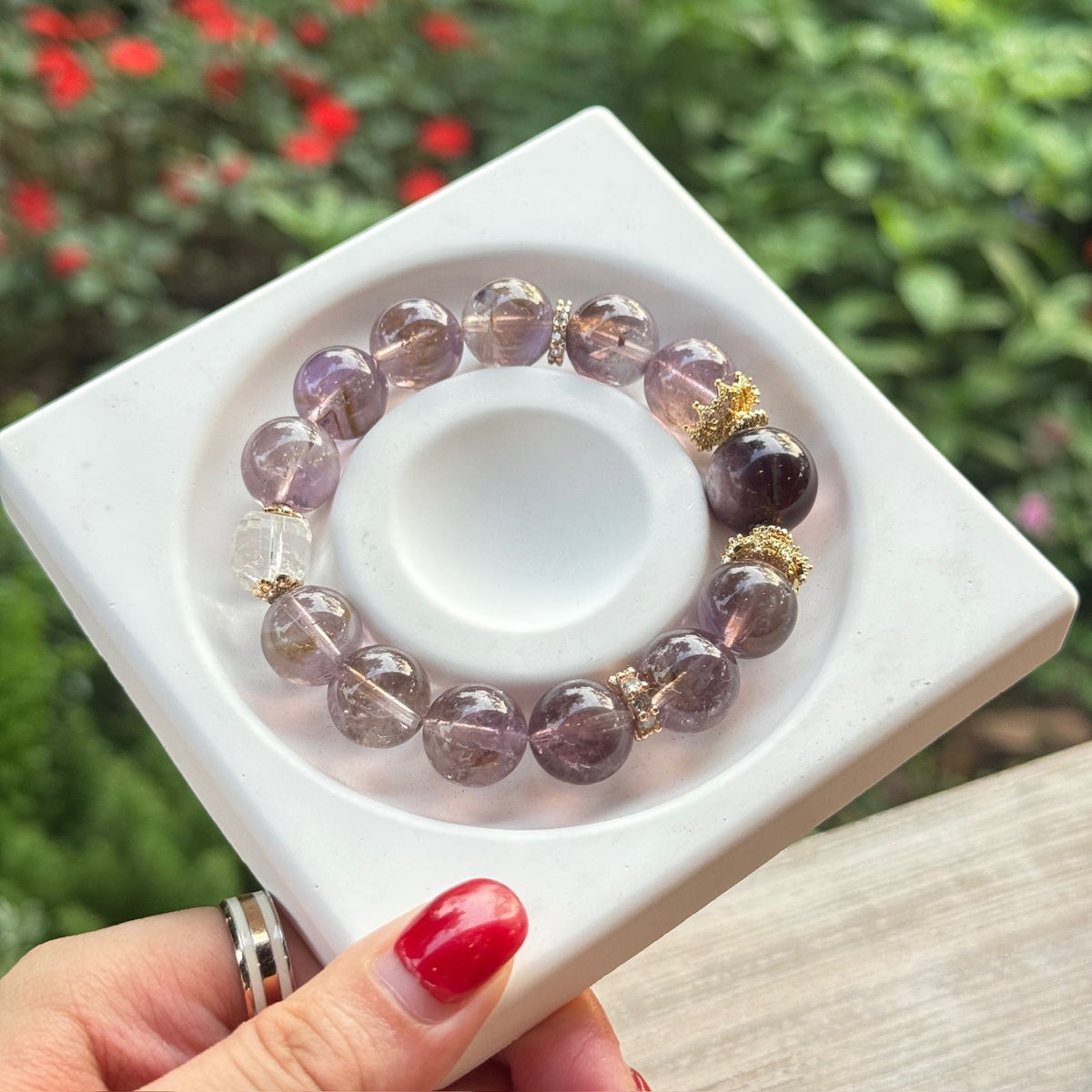 Natural Amethyst Phantom Quartz Bracelet | Deep Red Garnet Focal Stone Amulet | Taoist Consecrated Crown Chakra Intuition & Vital Qi Crystal Jewelry