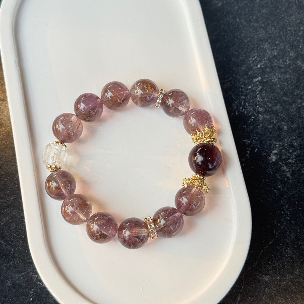 Natural Amethyst Phantom Quartz Bracelet | Deep Red Garnet Focal Stone Amulet | Taoist Consecrated Crown Chakra Intuition & Vital Qi Crystal Jewelry