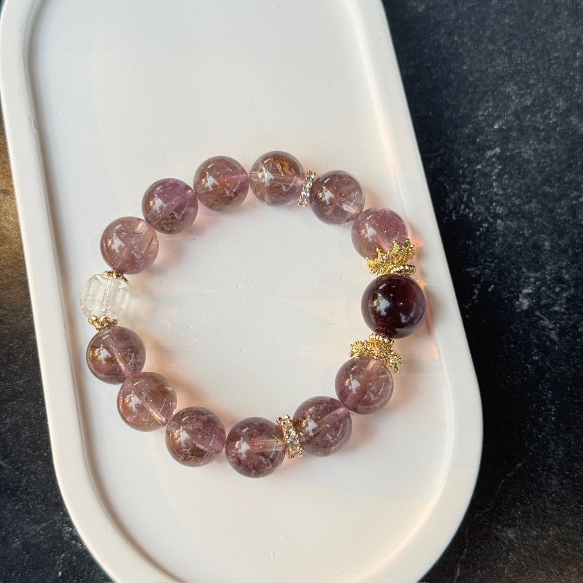 Natural Amethyst Phantom Quartz Bracelet | Deep Red Garnet Focal Stone Amulet | Taoist Consecrated Crown Chakra Intuition & Vital Qi Crystal Jewelry