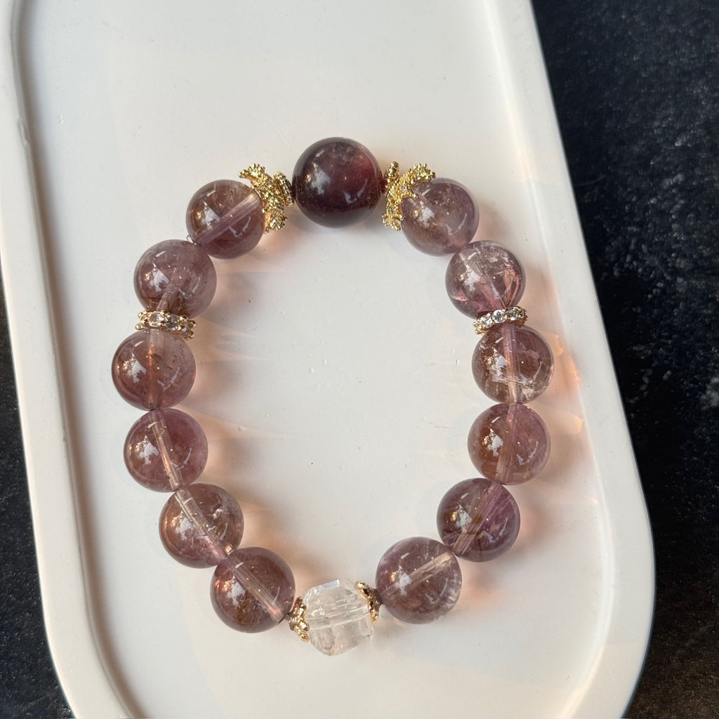 Natural Amethyst Phantom Quartz Bracelet | Deep Red Garnet Focal Stone Amulet | Taoist Consecrated Crown Chakra Intuition & Vital Qi Crystal Jewelry