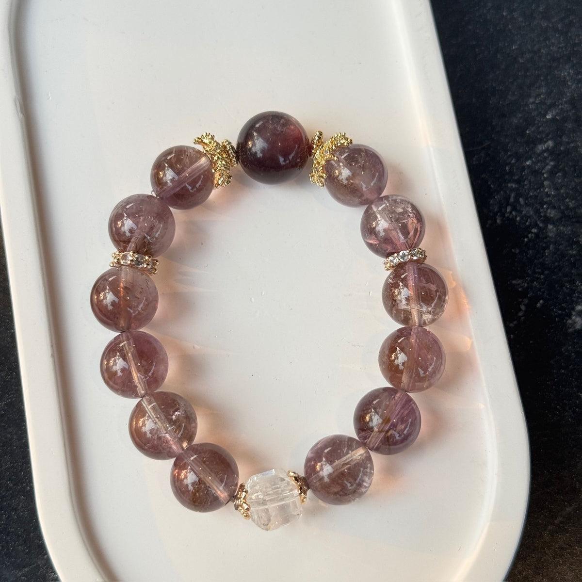 Natural Amethyst Phantom Quartz Bracelet | Deep Red Garnet Focal Stone Amulet | Taoist Consecrated Crown Chakra Intuition & Vital Qi Crystal Jewelry