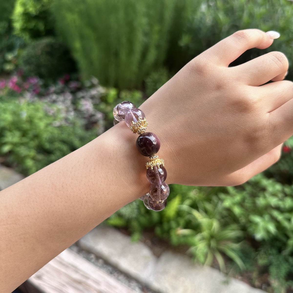 Natural Amethyst Phantom Quartz Bracelet | Deep Red Garnet Focal Stone Amulet | Taoist Consecrated Crown Chakra Intuition & Vital Qi Crystal Jewelry