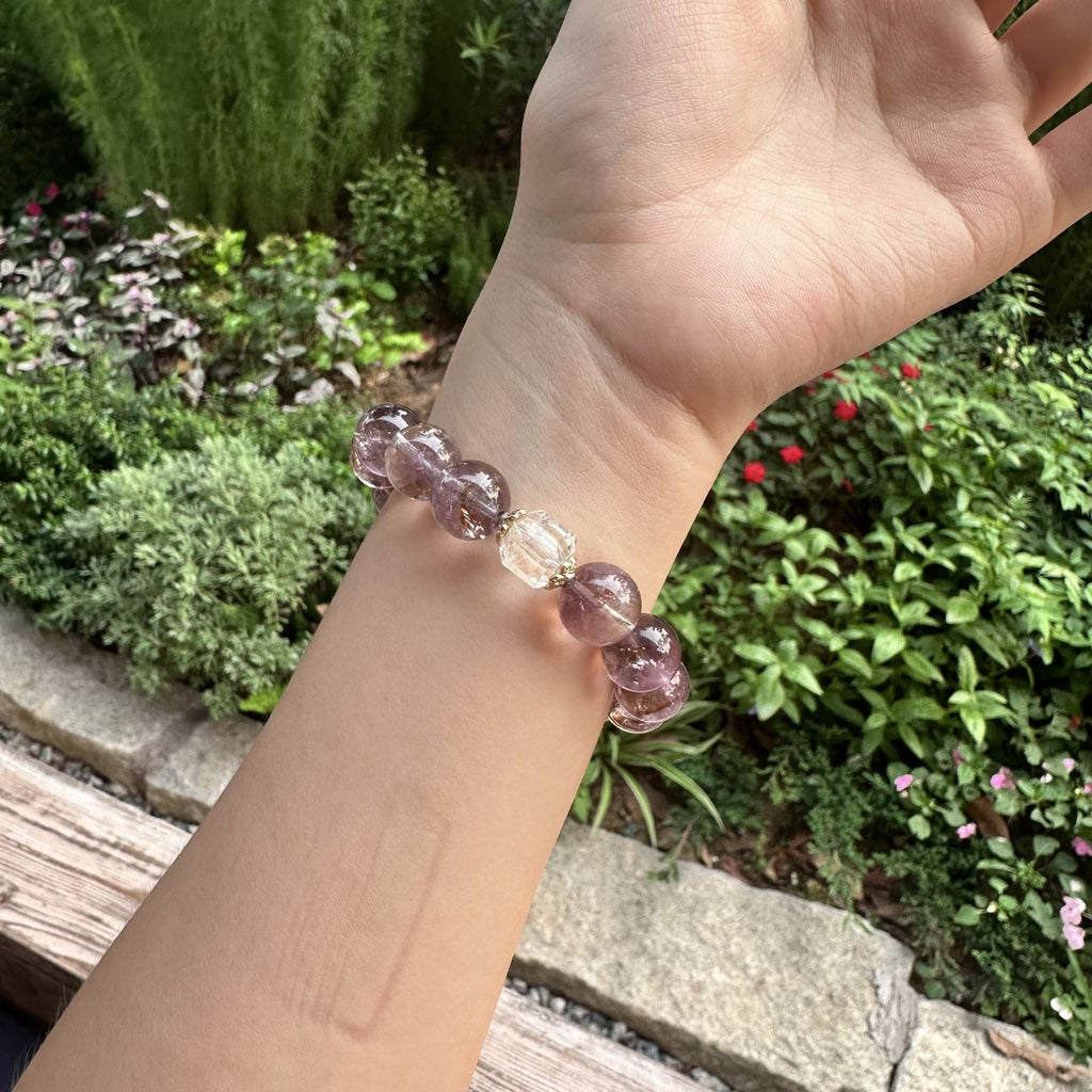 Natural Amethyst Phantom Quartz Bracelet | Deep Red Garnet Focal Stone Amulet | Taoist Consecrated Crown Chakra Intuition & Vital Qi Crystal Jewelry