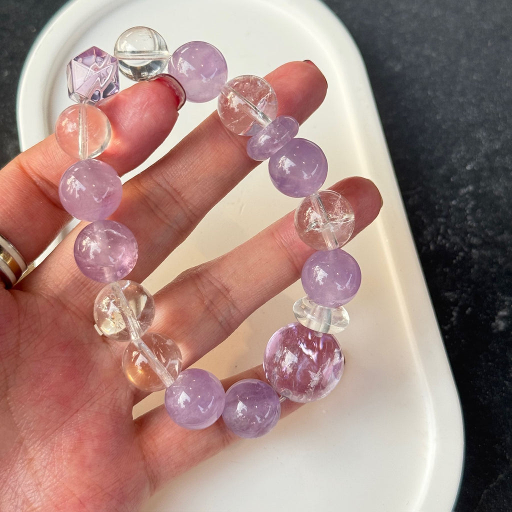 Natural Amethyst Statement Bracelet | Geometric Hexagonal Crystal Prism Amulet | Taoist Consecrated Crown Chakra Peace & Mental Clarity Jewelry