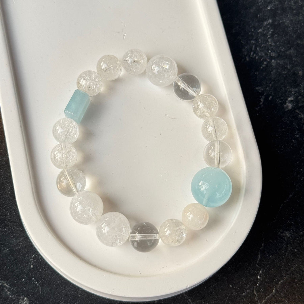 Natural Aquamarine Statement Bracelet | Icy Clear Crackle Quartz Energy Amulet | Taoist Consecrated Tranquility & Throat Chakra Protection Jewelry