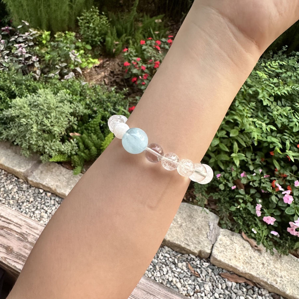 Natural Aquamarine Statement Bracelet | Icy Clear Crackle Quartz Energy Amulet | Taoist Consecrated Tranquility & Throat Chakra Protection Jewelry