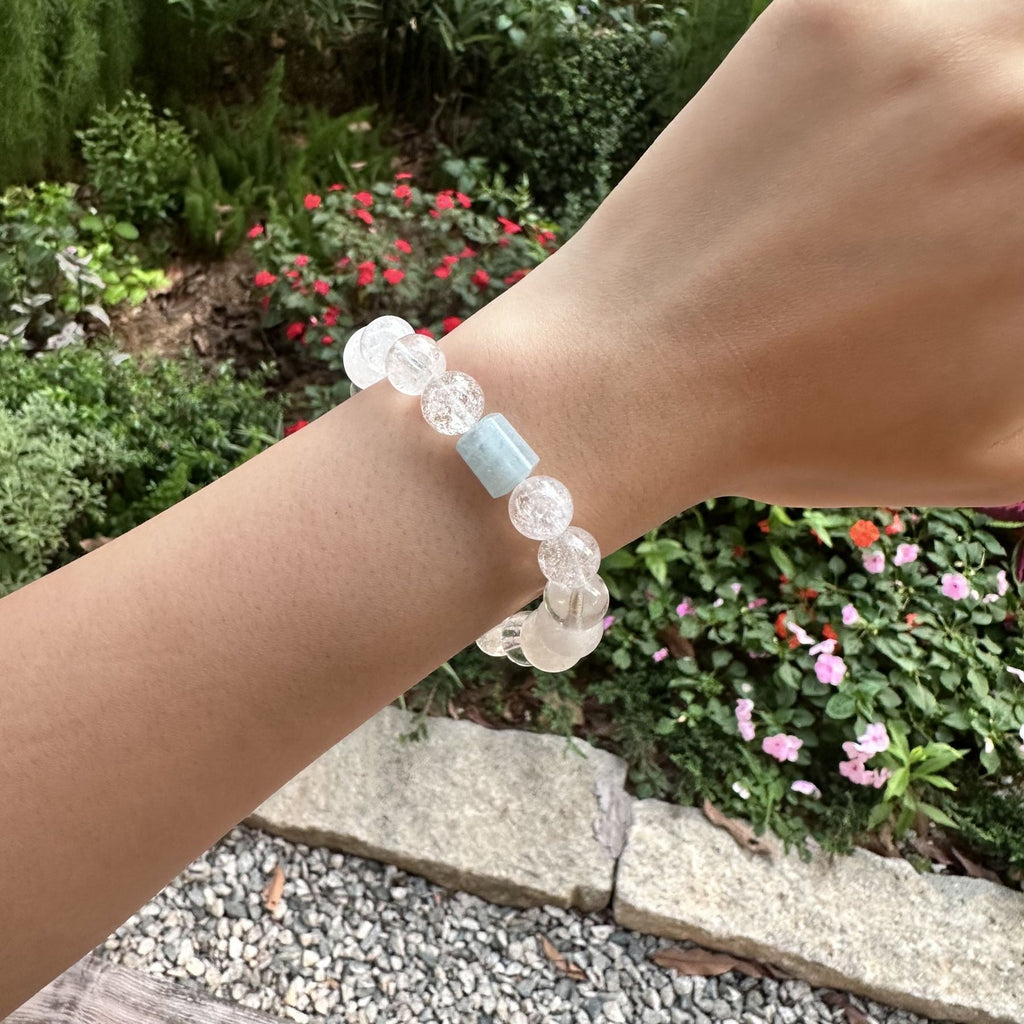Natural Aquamarine Statement Bracelet | Icy Clear Crackle Quartz Energy Amulet | Taoist Consecrated Tranquility & Throat Chakra Protection Jewelry