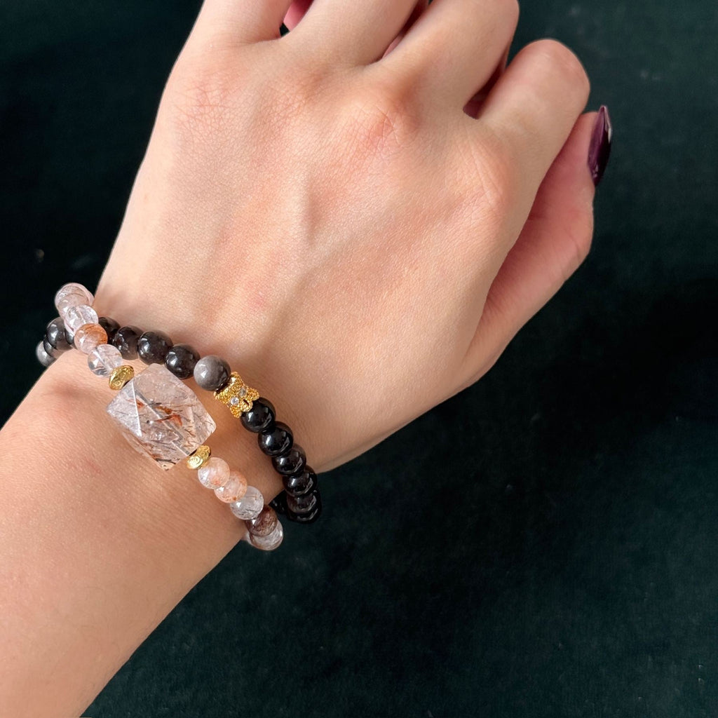 Natural Black Gold Super Seven Crystal Double Bracelet | grounding strength Taoist Blessed Bracelet