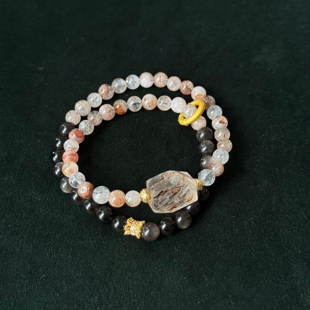 Natural Black Gold Super Seven Crystal Double Bracelet | grounding strength Taoist Blessed Bracelet