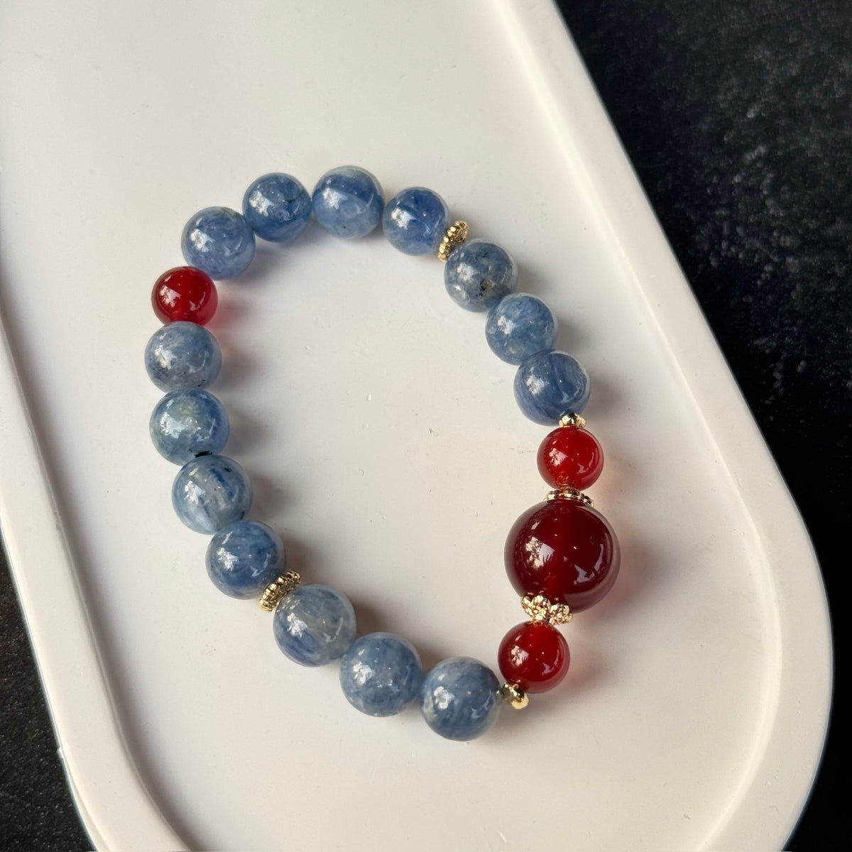 Natural Blue Kyanite Statement Bracelet | Red Agate Focal Energy Amulet | Taoist Consecrated Aura Cleansing & Success Luck Jewelry