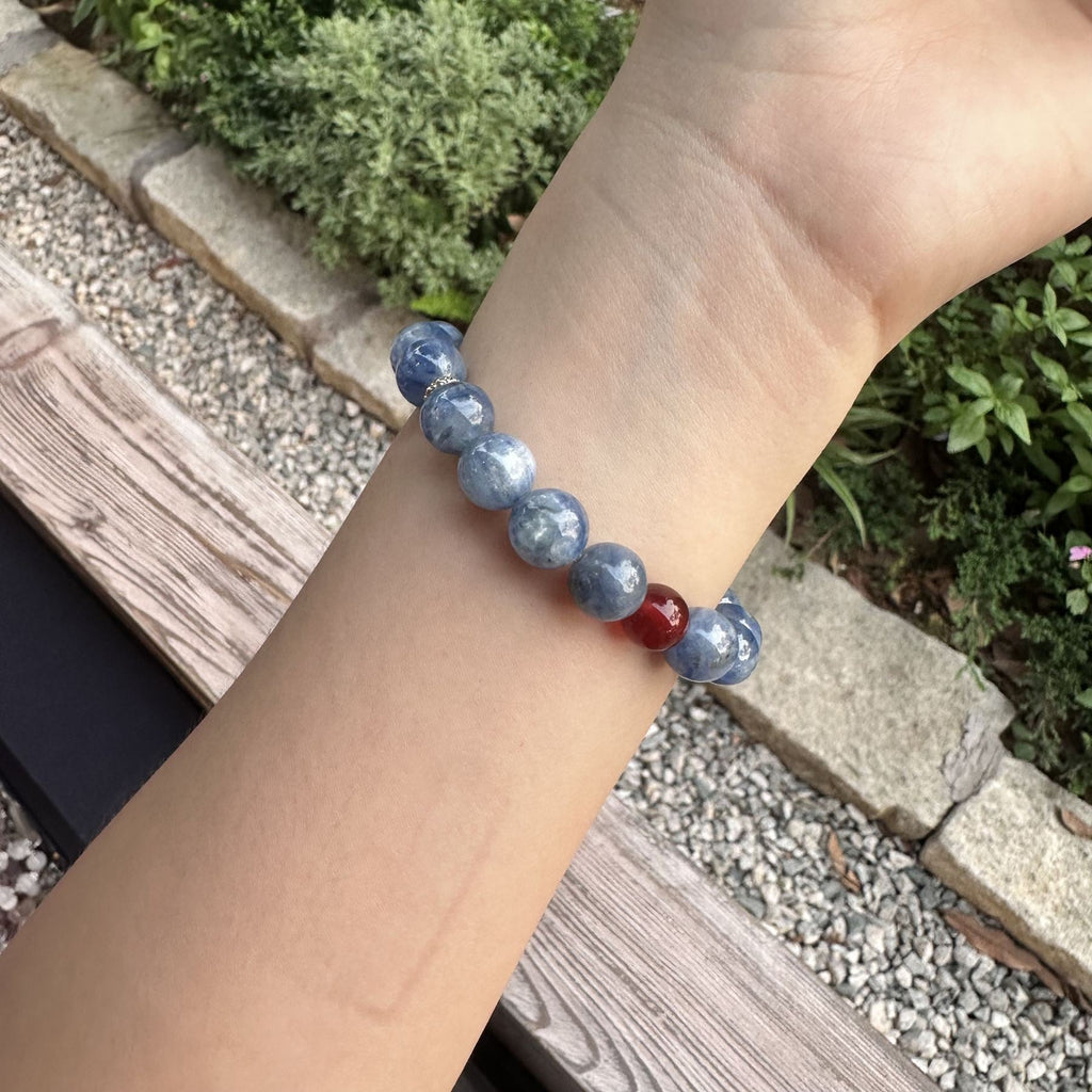 Natural Blue Kyanite Statement Bracelet | Red Agate Focal Energy Amulet | Taoist Consecrated Aura Cleansing & Success Luck Jewelry