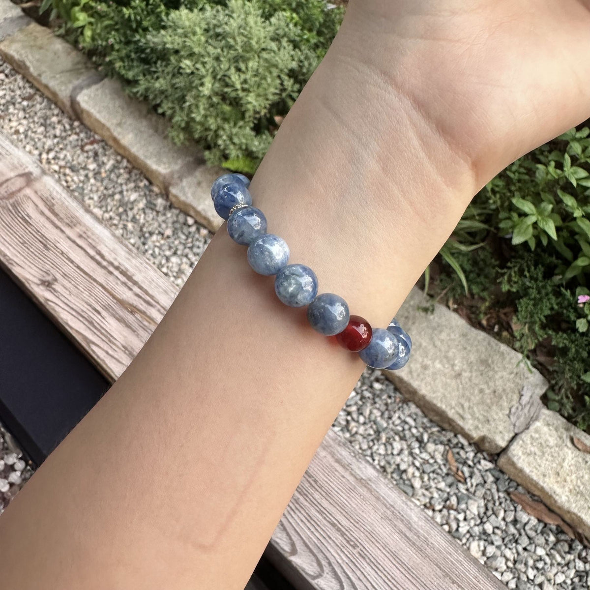 Natural Blue Kyanite Statement Bracelet | Red Agate Focal Energy Amulet | Taoist Consecrated Aura Cleansing & Success Luck Jewelry