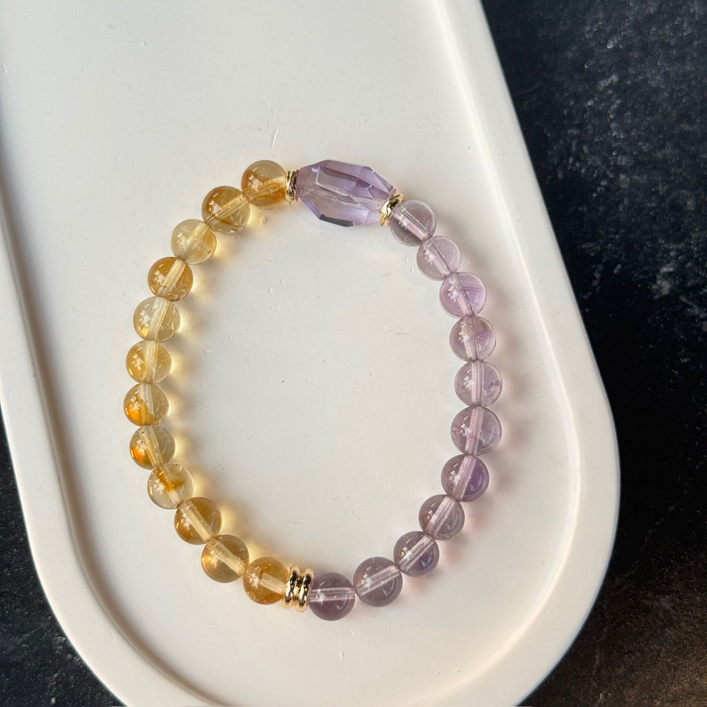 Natural Citrine and Amethyst Split Bracelet | Faceted Hexagonal Crystal Prism Amulet | Taoist Consecrated Yin Yang Balance Wealth & Intuition Jewelry