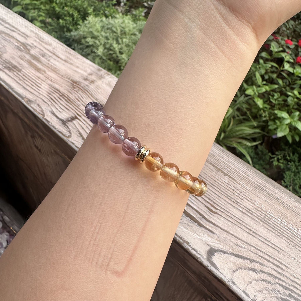 Natural Citrine and Amethyst Split Bracelet | Faceted Hexagonal Crystal Prism Amulet | Taoist Consecrated Yin Yang Balance Wealth & Intuition Jewelry