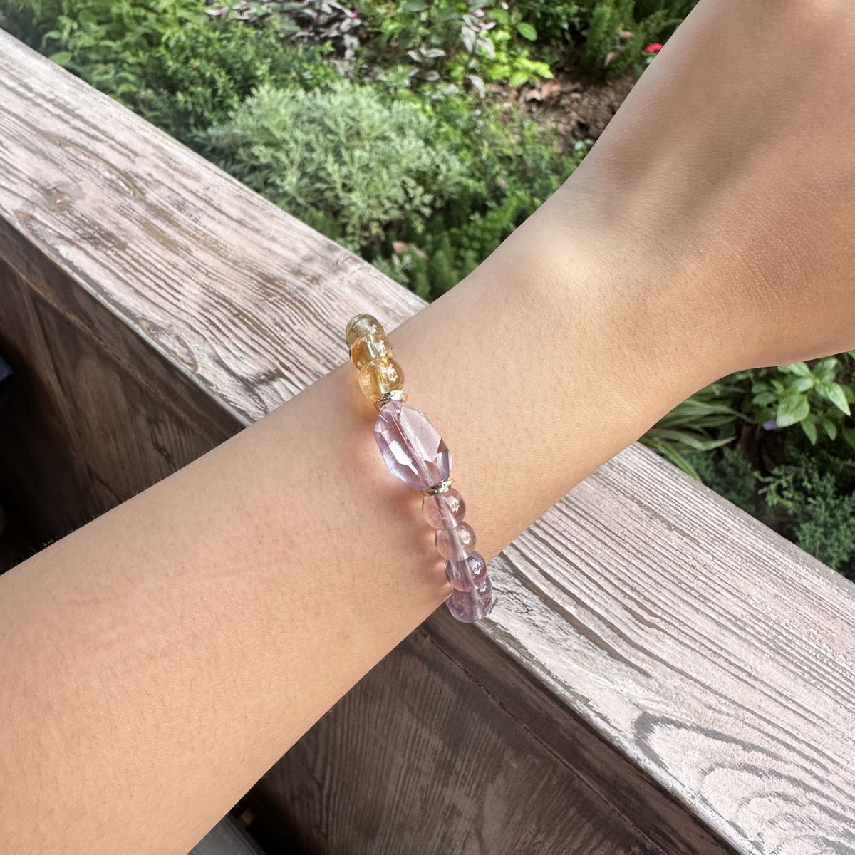 Natural Citrine and Amethyst Split Bracelet | Faceted Hexagonal Crystal Prism Amulet | Taoist Consecrated Yin Yang Balance Wealth & Intuition Jewelry