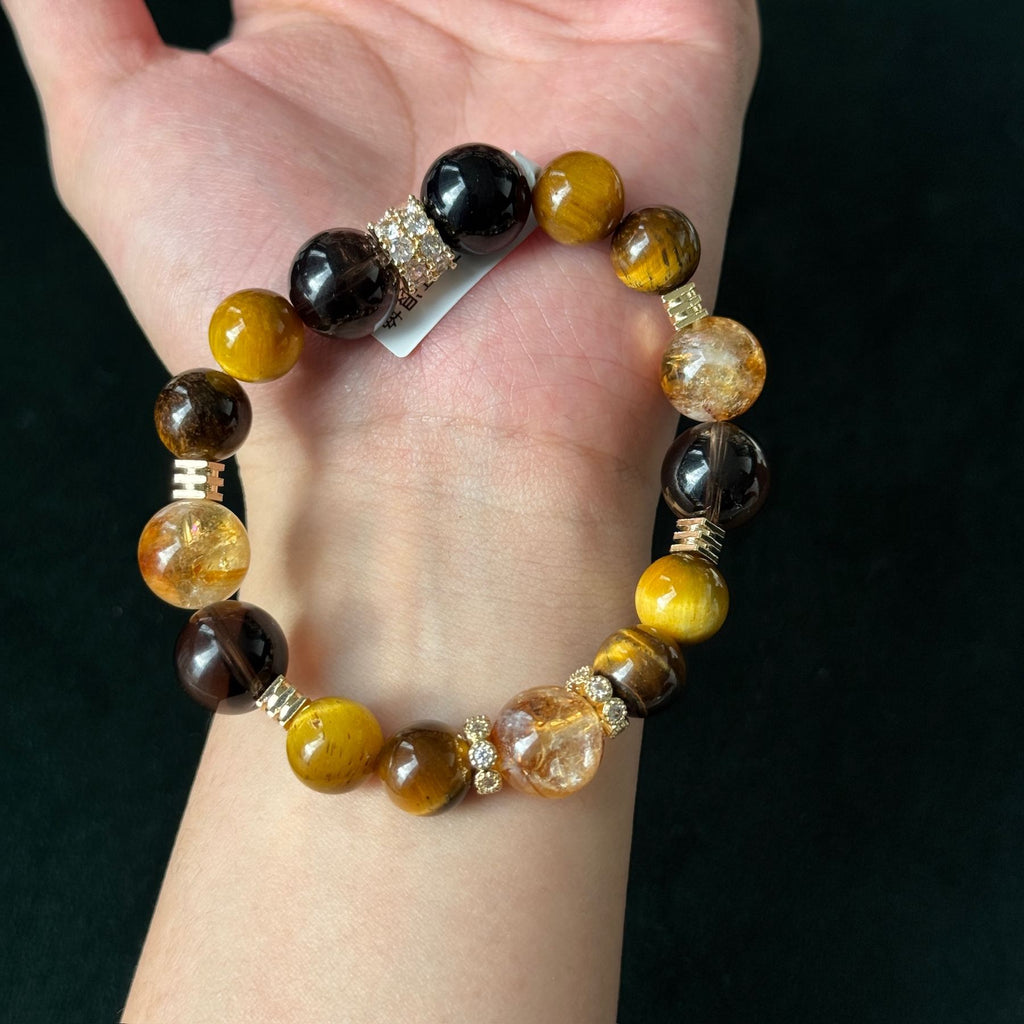 Natural Golden Rutilated Quartz & Tiger’s Eye Power Bracelet | Taoist Blessed Bracelet