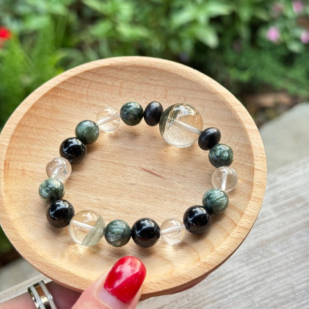 Natural Green Seraphinite Obsidian Bracelet | Large Clear Quartz Phantom Energy Amulet | Taoist Consecrated Aura Protection & Evil Spirits Shield Jewelry
