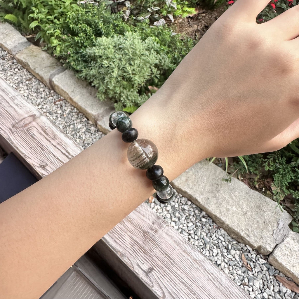 Natural Green Seraphinite Obsidian Bracelet | Large Clear Quartz Phantom Energy Amulet | Taoist Consecrated Aura Protection & Evil Spirits Shield Jewelry