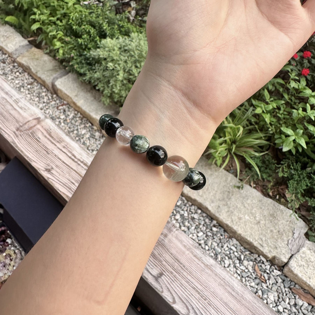 Natural Green Seraphinite Obsidian Bracelet | Large Clear Quartz Phantom Energy Amulet | Taoist Consecrated Aura Protection & Evil Spirits Shield Jewelry