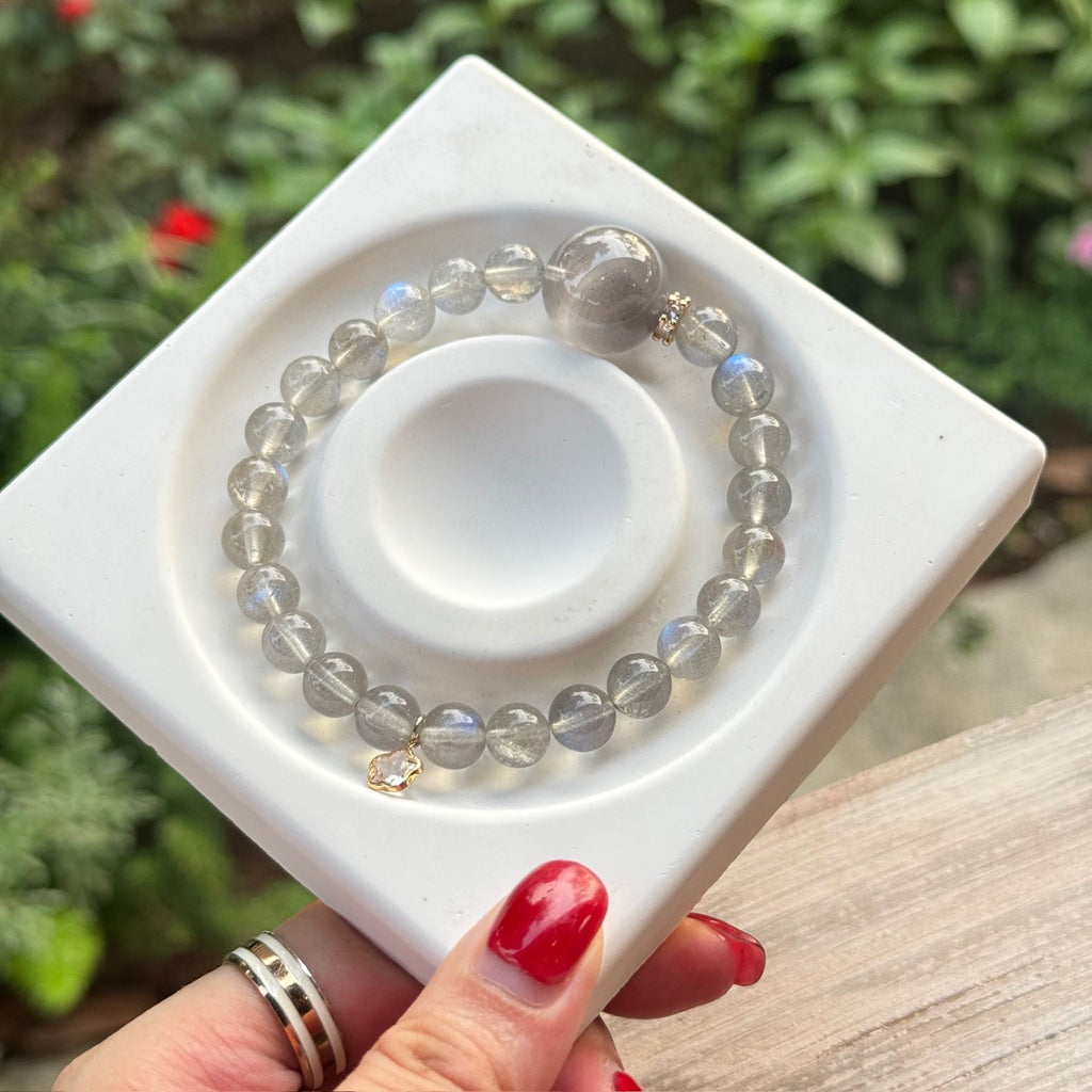 Natural Labradorite Bracelet | Large Grey Phantom Quartz Energy Amulet | Taoist Consecrated Aura Protection & Third Eye Intuition Crystal Jewelry
