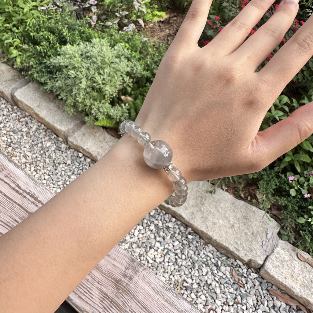 Natural Labradorite Bracelet | Large Grey Phantom Quartz Energy Amulet | Taoist Consecrated Aura Protection & Third Eye Intuition Crystal Jewelry