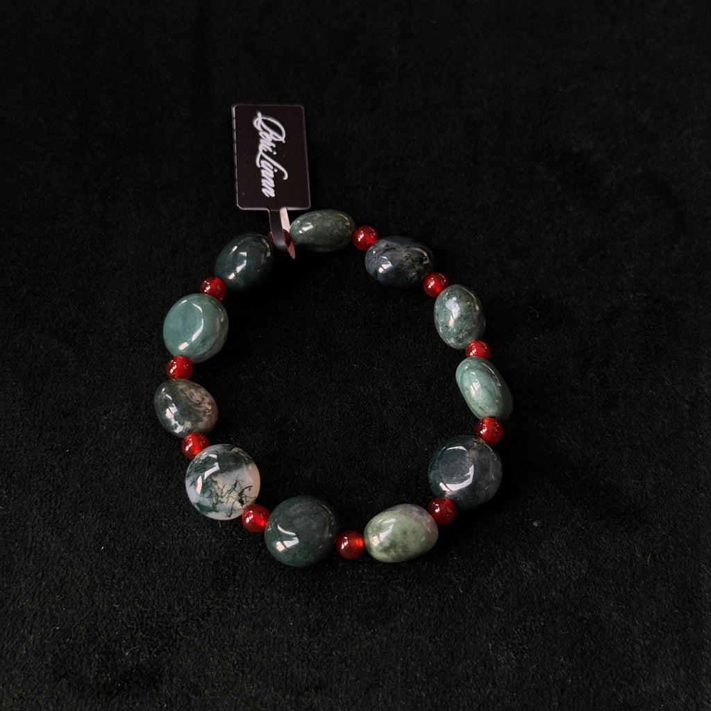 Natural Moss Agate With Red Agate Accents | Grounding & Protection Crystal Bracelet