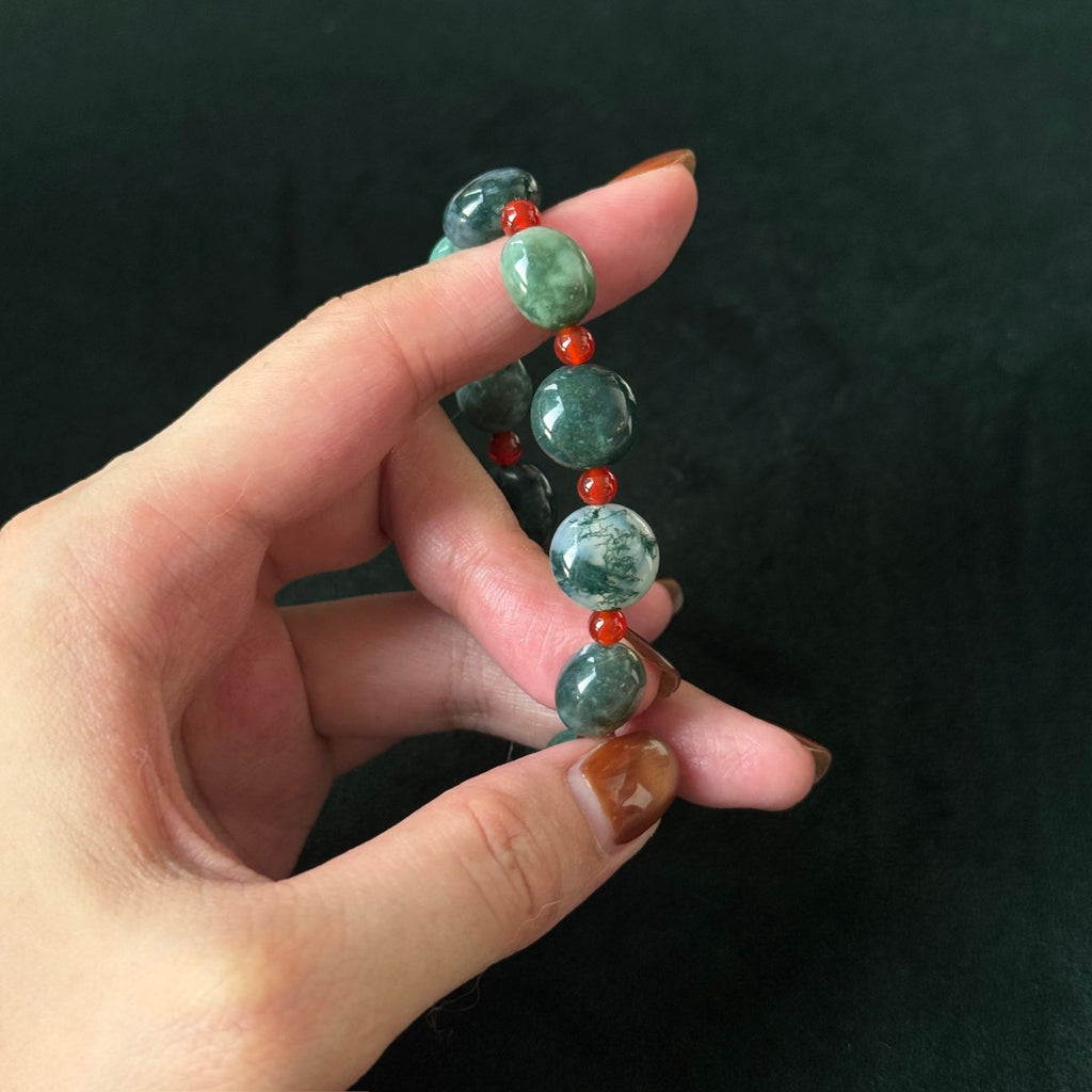 Natural Moss Agate With Red Agate Accents | Grounding & Protection Crystal Bracelet