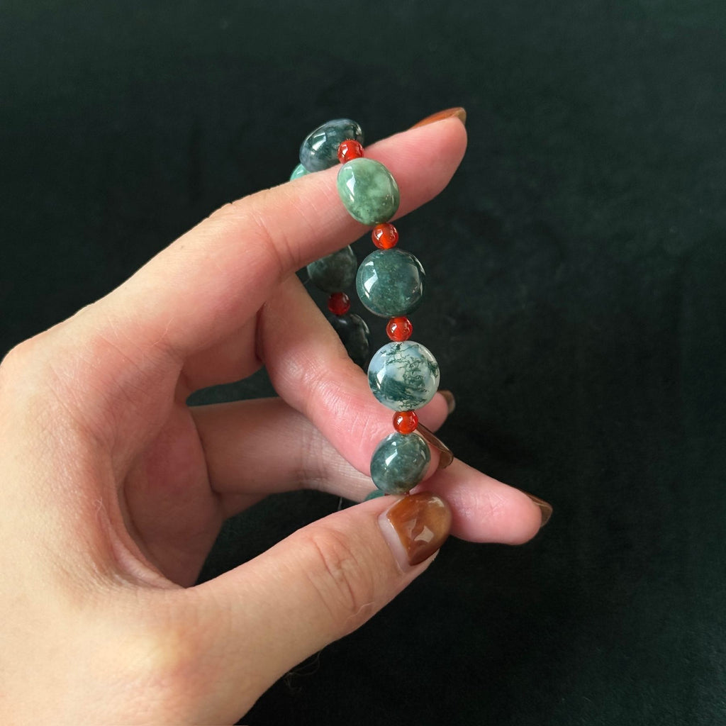 Natural Moss Agate With Red Agate Accents | Grounding & Protection Crystal Bracelet