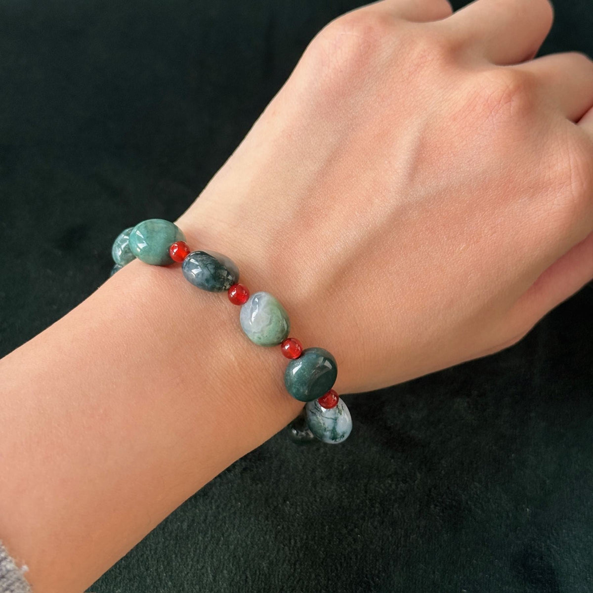 Natural Moss Agate With Red Agate Accents | Grounding & Protection Crystal Bracelet