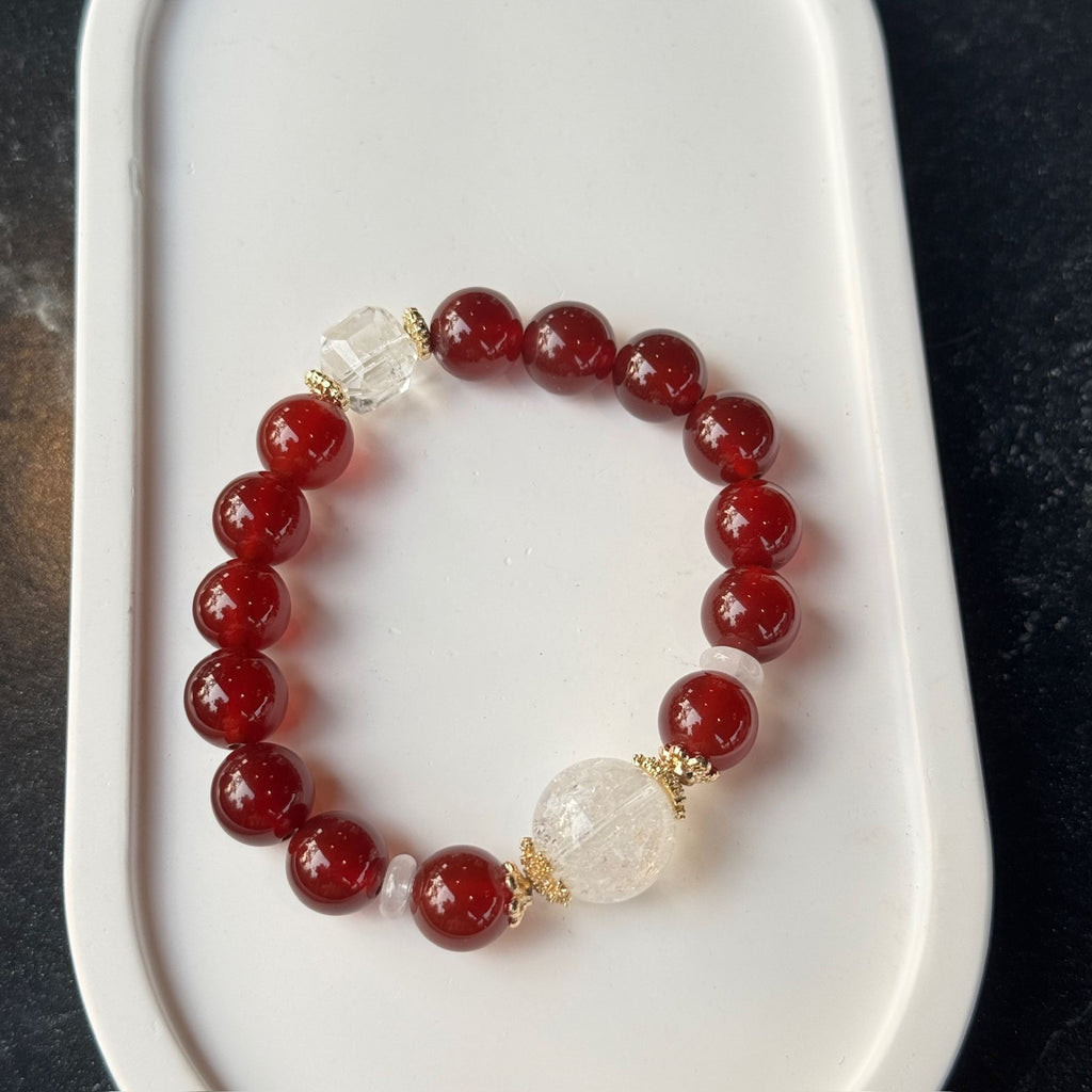 Natural Red Agate Protection Bracelet | Icy Clear Quartz Cube Energy Amulet | Taoist Consecrated Vitality & Peace Feng Shui Jewelry