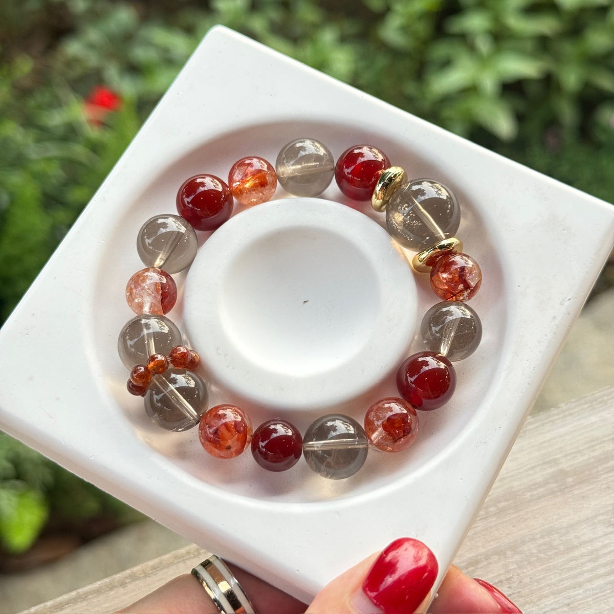 Natural Red Jiao Hua & Smoky Quartz Bracelet | Consecrated Fire Quartz Energy Amulet | Taoist Protection & Wealth Magnet Crystal Jewelry