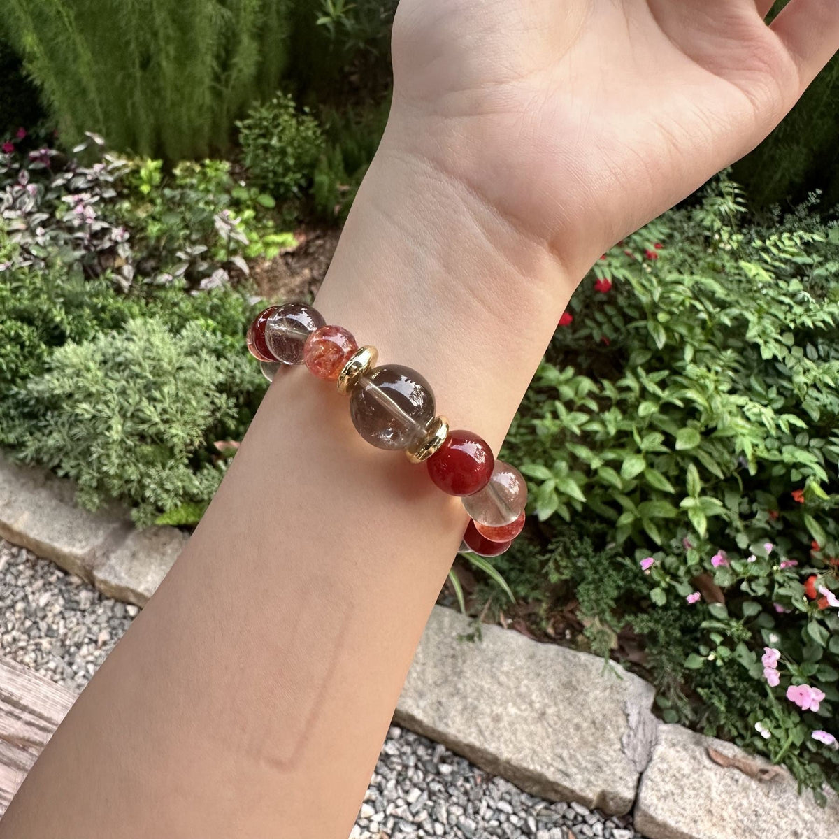 Natural Red Jiao Hua & Smoky Quartz Bracelet | Consecrated Fire Quartz Energy Amulet | Taoist Protection & Wealth Magnet Crystal Jewelry