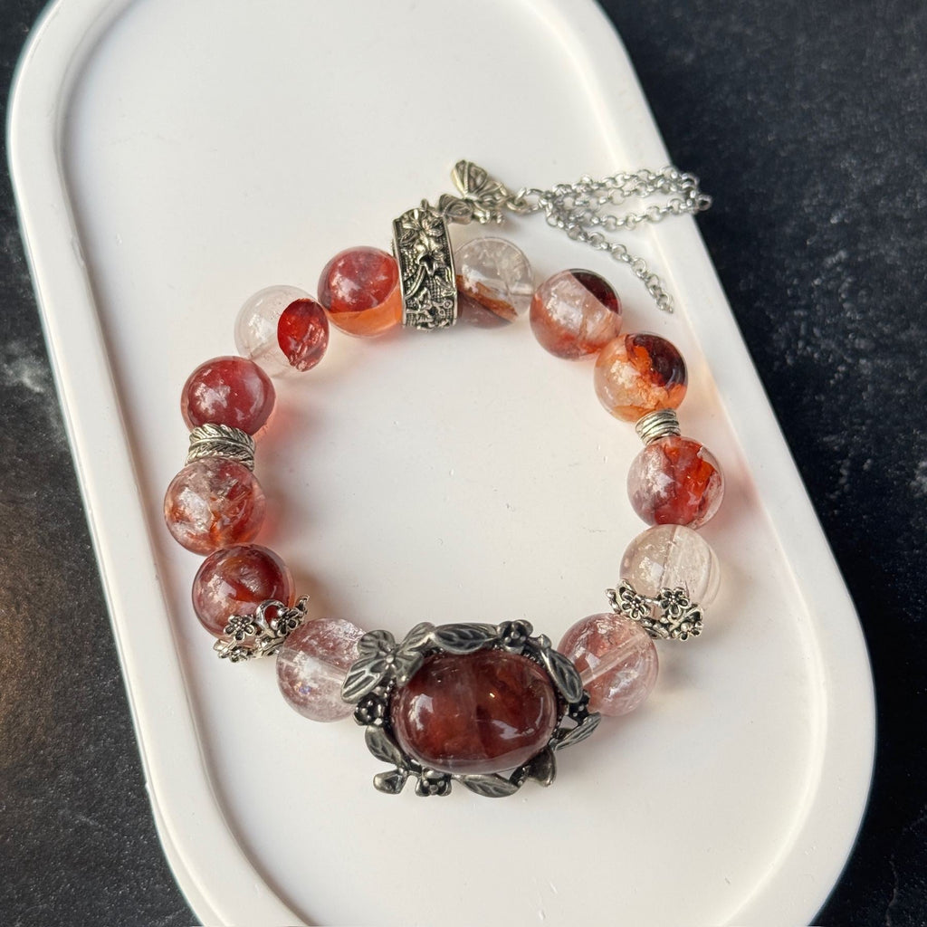 Natural Red Jiao Hua Oval Focal Bracelet | Fire Quartz Flower of Wealth Amulet | Taoist Consecrated Protection & Career Abundance Jewelry