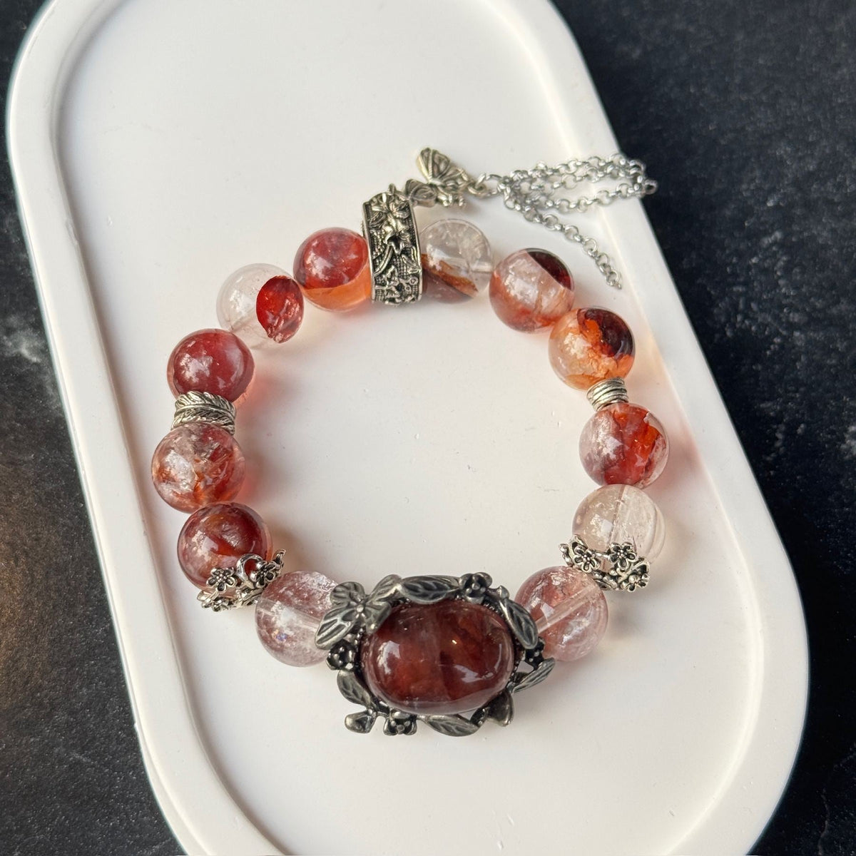 Natural Red Jiao Hua Oval Focal Bracelet | Fire Quartz Flower of Wealth Amulet | Taoist Consecrated Protection & Career Abundance Jewelry