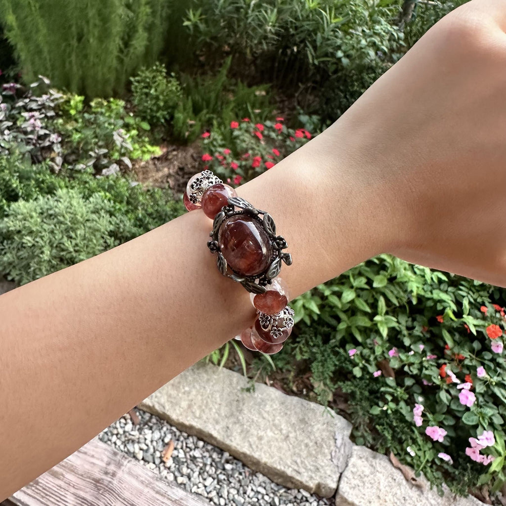 Natural Red Jiao Hua Oval Focal Bracelet | Fire Quartz Flower of Wealth Amulet | Taoist Consecrated Protection & Career Abundance Jewelry
