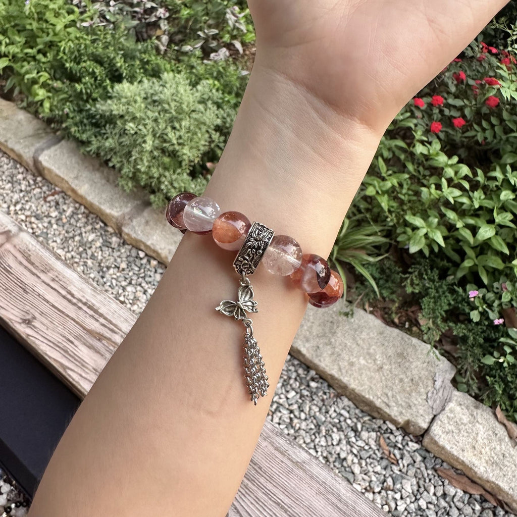 Natural Red Jiao Hua Oval Focal Bracelet | Fire Quartz Flower of Wealth Amulet | Taoist Consecrated Protection & Career Abundance Jewelry