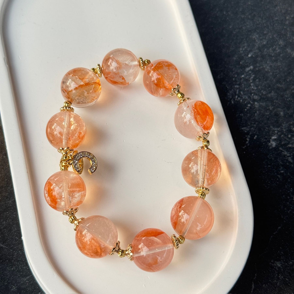 Natural Red Jiao Hua Quartz Bracelet | Sparkling Crescent Moon Charm Amulet | Taoist Consecrated Fire Quartz Career Success & Wealth Jewelry