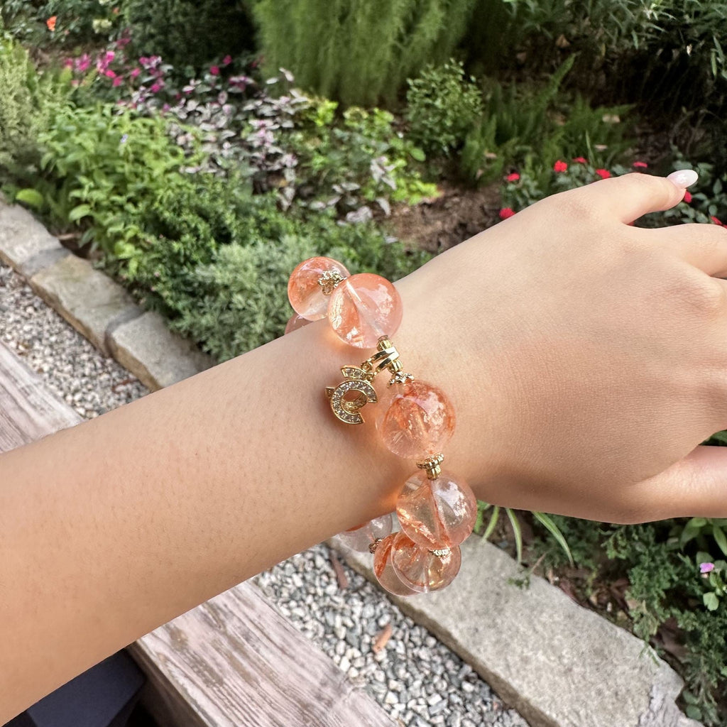 Natural Red Jiao Hua Quartz Bracelet | Sparkling Crescent Moon Charm Amulet | Taoist Consecrated Fire Quartz Career Success & Wealth Jewelry