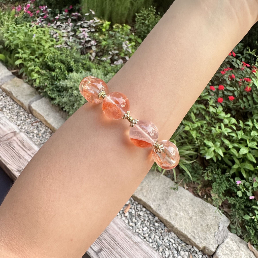 Natural Red Jiao Hua Quartz Bracelet | Sparkling Crescent Moon Charm Amulet | Taoist Consecrated Fire Quartz Career Success & Wealth Jewelry