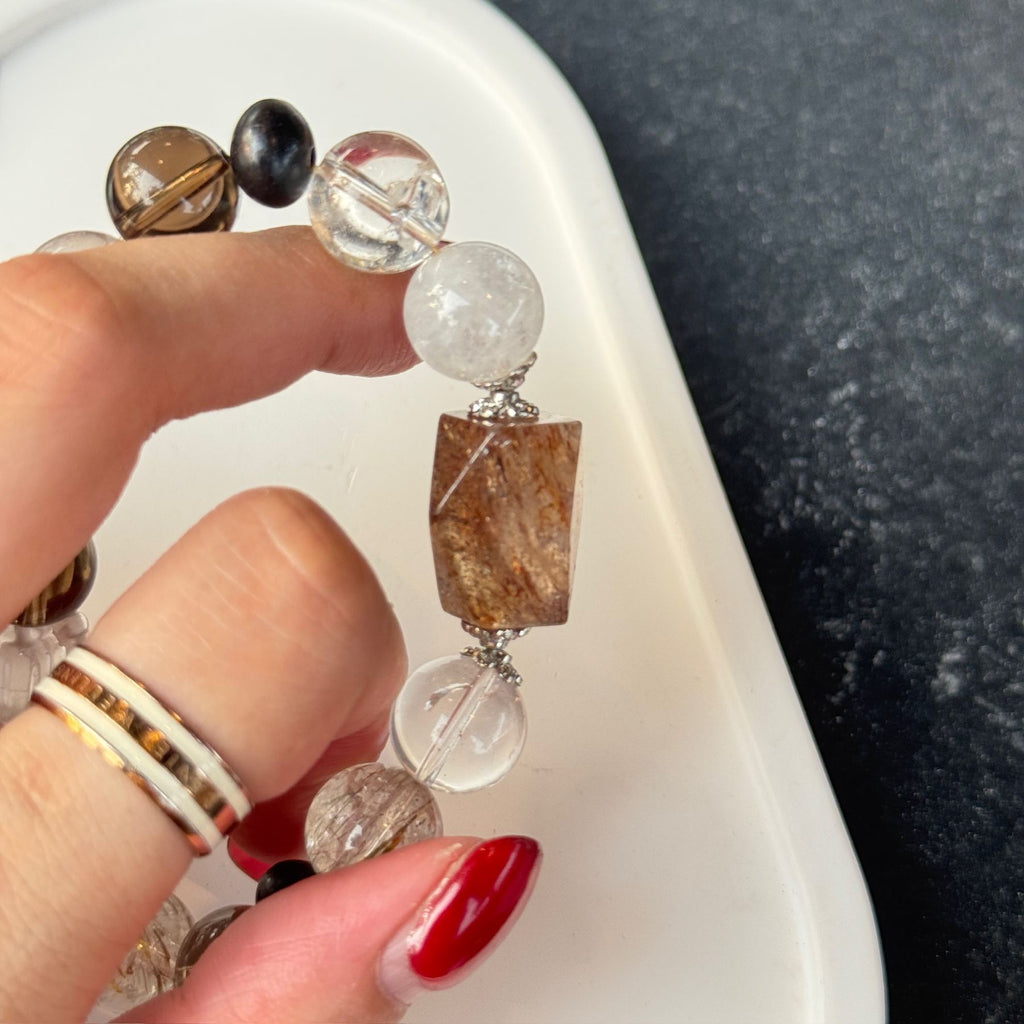 Natural Red Rutilated Quartz Bracelet | Geometric Hexagonal Crystal Slab Amulet | Taoist Consecrated Grounding Protection & Windfall Wealth Jewelry