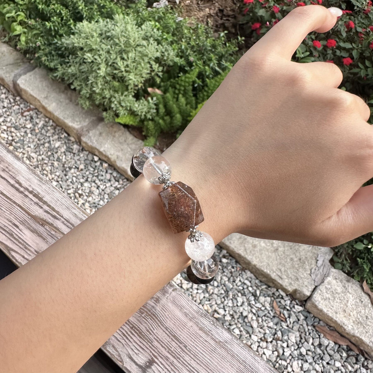 Natural Red Rutilated Quartz Bracelet | Geometric Hexagonal Crystal Slab Amulet | Taoist Consecrated Grounding Protection & Windfall Wealth Jewelry