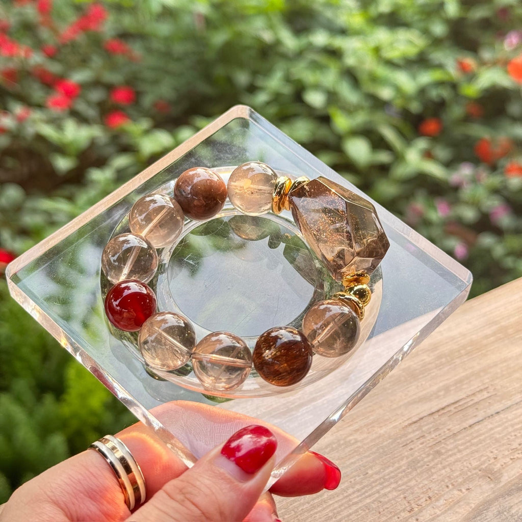 Natural Smoky Quartz Statement Bracelet | Faceted Crystal Slab Protection Amulet | Taoist Consecrated Red Rutile Career Breakthrough Jewelry