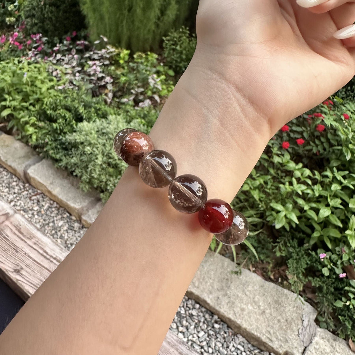 Natural Smoky Quartz Statement Bracelet | Faceted Crystal Slab Protection Amulet | Taoist Consecrated Red Rutile Career Breakthrough Jewelry
