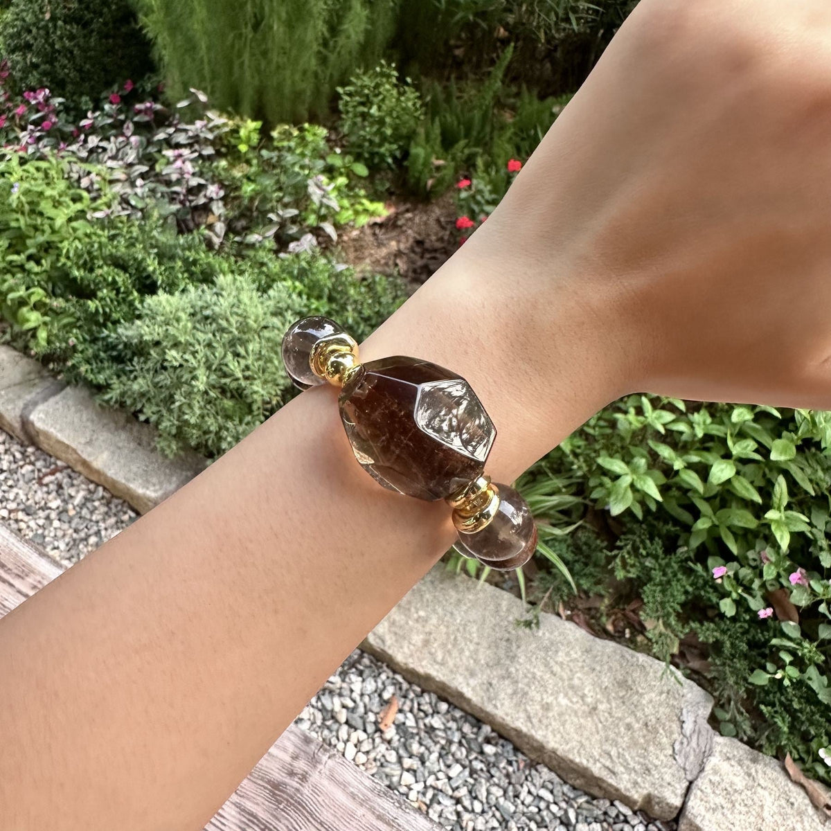 Natural Smoky Quartz Statement Bracelet | Faceted Crystal Slab Protection Amulet | Taoist Consecrated Red Rutile Career Breakthrough Jewelry