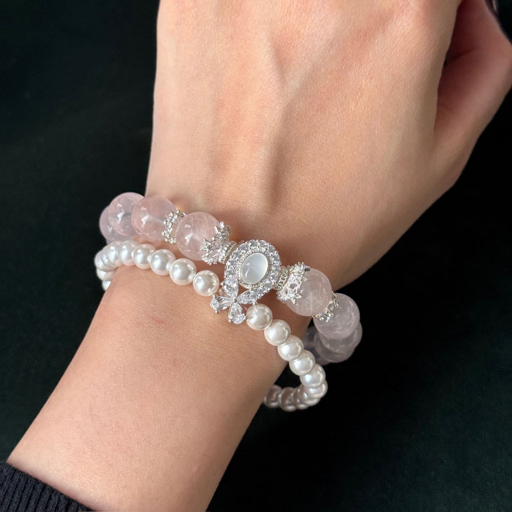 Natural Star Rose Quartz & Pearl Lucky Bracelet | Love Energy Taoist Blessed Bracelet