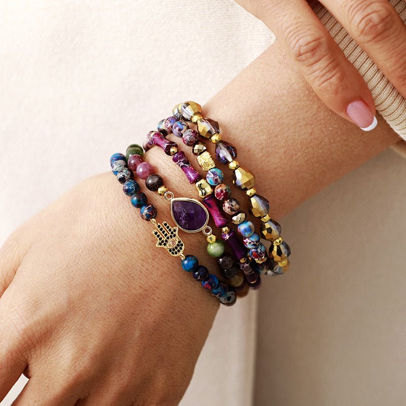 Natural Stone Amethyst Tourmaline Crystal Handmade Elastic Beaded Bracelet Jewelry - EclipticJew