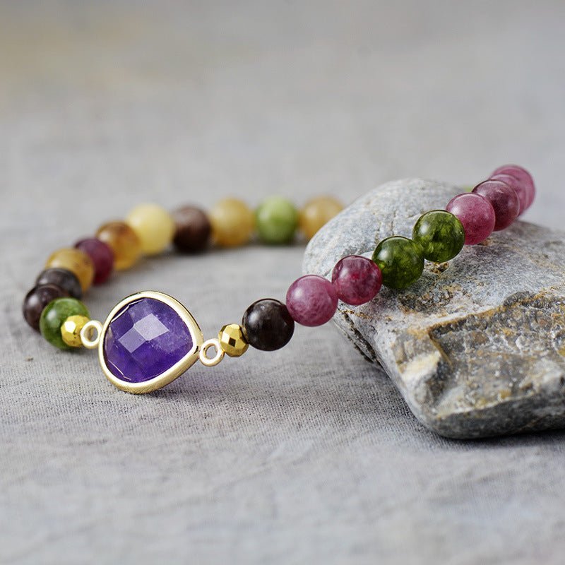 Natural Stone Amethyst Tourmaline Crystal Handmade Elastic Beaded Bracelet Jewelry - EclipticJew